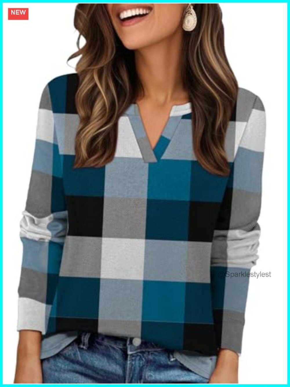 Womens Long Sleeve Plaid Tunic Top V Neck Fleece Pullover Casual Fall Winter